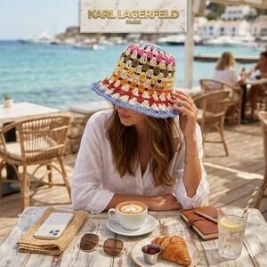 Karl Lagerfeld Paris Kolorful Karl Striped Crochet Bucket Hat NWOT